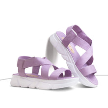 Load image into Gallery viewer, Sandalias de mujer en planda blanca deportiva y de tiras cruzadas en color lila