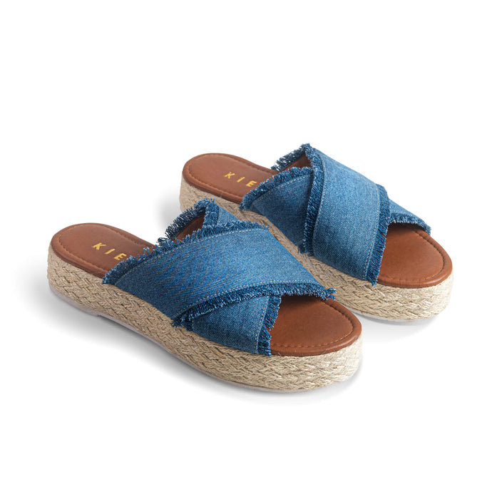 Sandalias de mujer de plataforma forrada de soguilla. De tiras cruzadas y textura jean