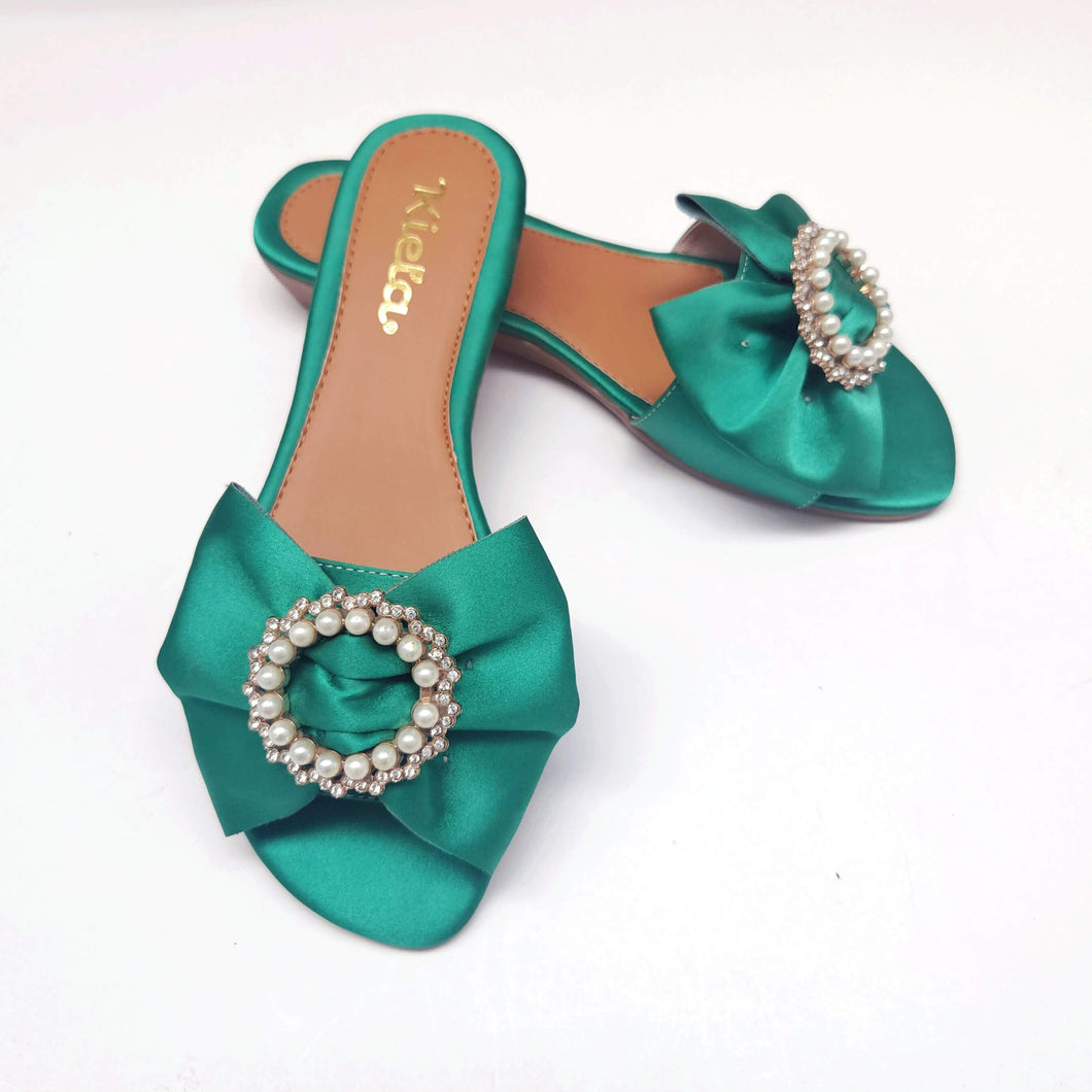 Sandalias de mujer con lazo y hebilla redonda de perlas color verde èrico